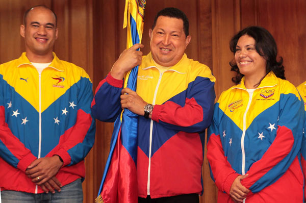 Venezuelan President Hugo Chavez Thursday headed the farewell ceremony for the Venezuelan Olympic delegation which will take part in London 2012. Venezuelan President says goodbye to Olympic delegation