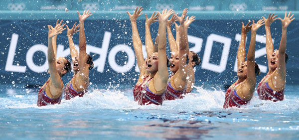 China's team perform in the synchronised swimming teams technical routine competition during the London 2012 Olympic Games at the Aquatics Centre August 9, 2012. Final medal chances on Olympic day 14