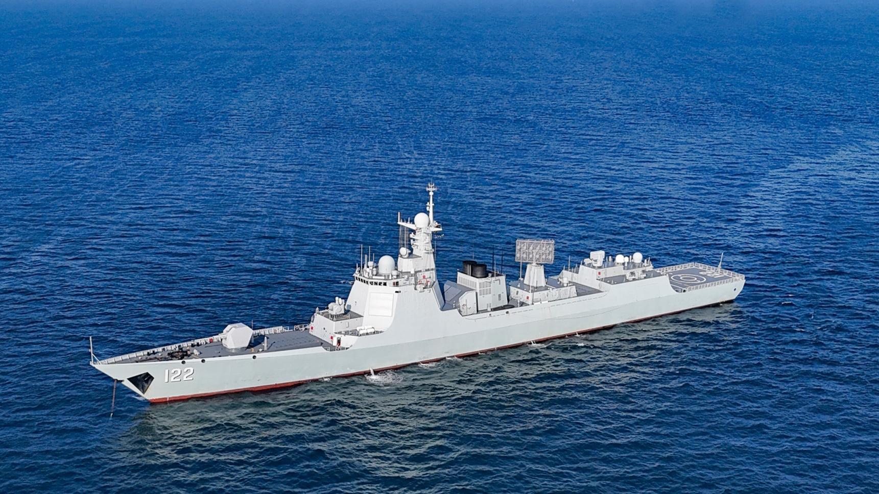 Guided-missile destroyer Tangshan in maritime training