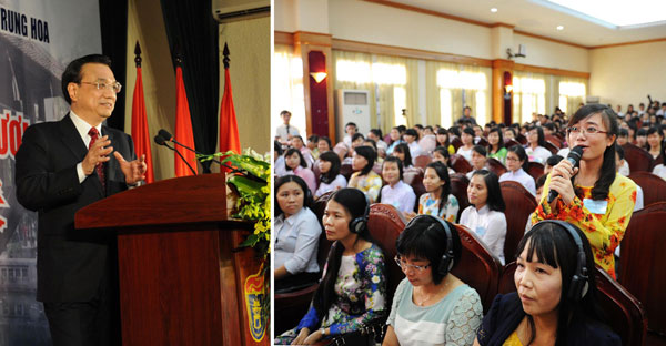 The combination photo taken on Oct. 15, 2013 shows Chinese Premier Li Keqiang answering the question of a Vietnamese young woman during an exchange with representatives of youth from both China and Vietnam at Vietnam National University, Hanoi, in Hanoi, Vietnam, Oct 15, 2013. Youth encouraged to expand relations