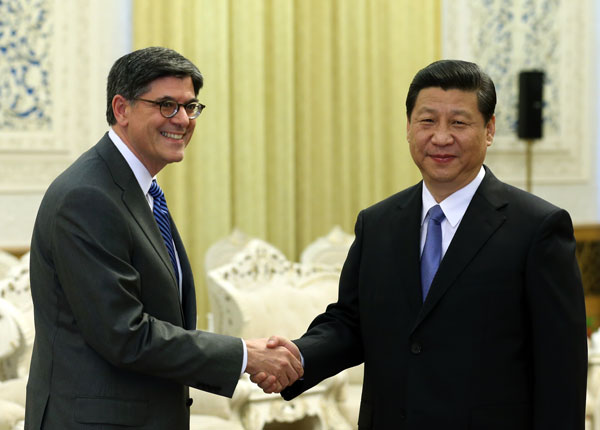 President Xi Jinping meets US Treasury Secretary Jacob Lew at the Great Hall of the People in Beijing on Tuesday. Wu Zhiyi / China Daily Core interests at heart of new US ties