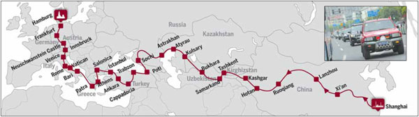 This map shows the route of the transcontinental rally, which covers a number of countries. The portion of the rally that passes through Central Asia is the toughest, organizers say. Photos Provided to China Daily Journey of a lifetime