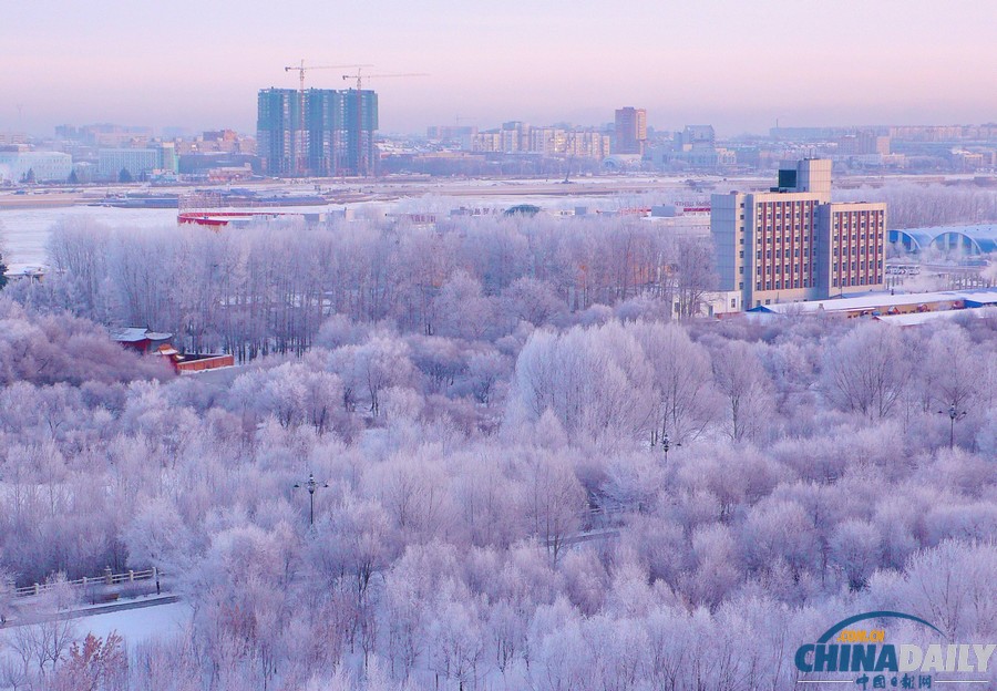 黑龍江黑河現(xiàn)綿延數(shù)公里霧凇美景