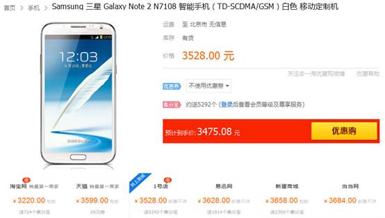 1號(hào)店紅六月價(jià)格繼續(xù)“破冰” 三星N7108僅售3475元