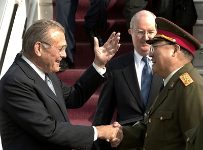 eUS Secretary
of Defense Donald Rumsfeld is greeted by General Xiong Guongki on his arrival in Beijing n REUTERS s X80003 x ?.S. Secretary of Defense Donald Rumsfeld (L) is greeted by General Xiong Guongki on his arrival in Beijing October 18, 2005. Rumsfeld is in Beijing for a three-day visit to try to boost exchanges with the Chinese military and discuss regional security worries over North Korea. Rumsfeld, who will also visit South Korea, Mongolia, Kazakhstan and Lithuania, is making his first trip to China since taking office in 2001 amid growing U.S. concern about rising Chinese military spending.