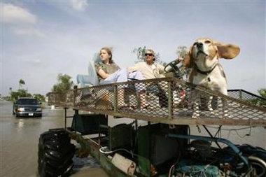 Bruce Minton (R), daughter Leah, and dog Molly ride their swamp buggy through the completely flooded town of Everglades City, Florida after Hurricane Wilma hit October 24, 2005.