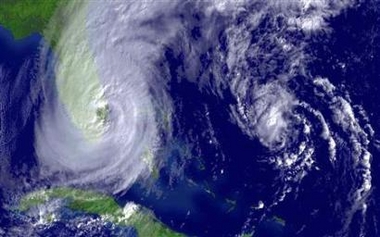 NOAA satellite image of Hurricane Wilma and Tropical Depression Alpha (R) taken at 9:45 a.m. EDT on October 24, 2005.