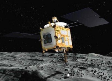 In this artist rendering released by the Japan Aerospace Exploration Agency (JAXA), the Hayabusa probe collects surface samples after landing on an asteroid.
