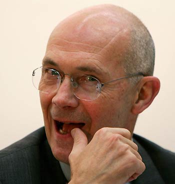 Director-General of World Trade Organisation (WTO) Pascal Lamy gestures during a "Decent Work Decent Life" forum in Hong Kong December 12, 2005, a day before the WTO conference to be held in the territory.