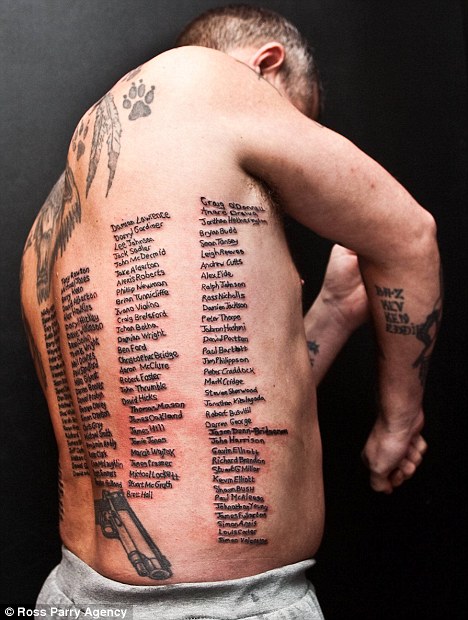 英國(guó)老兵將陣亡駐阿英士兵名字紋在身上