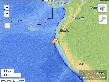 秘魯西北部海域發(fā)生6.2級(jí)地震 暫無傷亡損失(圖)