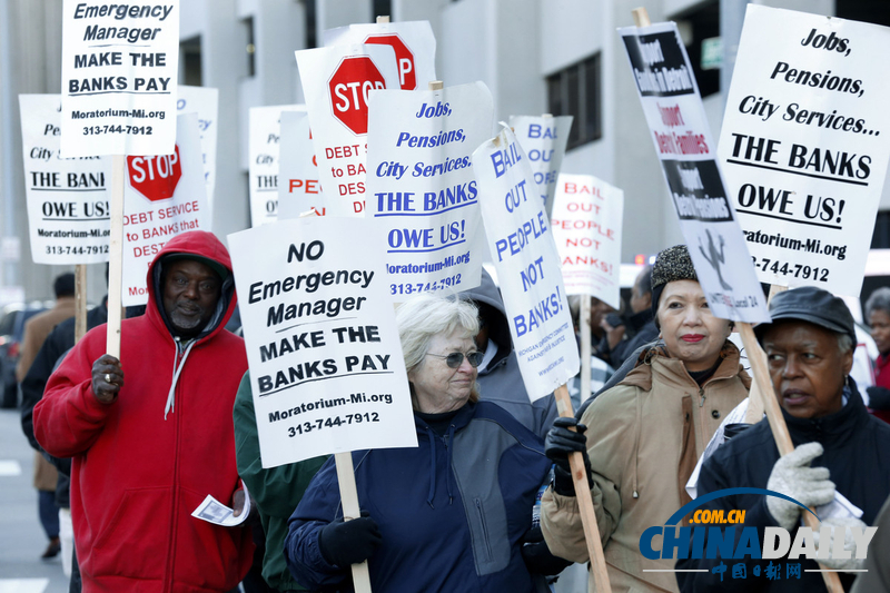 底特律破產(chǎn)案至今無(wú)解 市民游行抗議政府賴賬（圖）