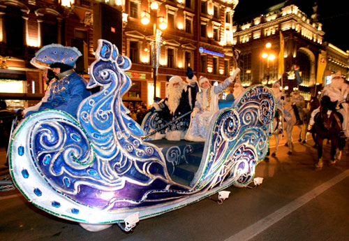 Participants dressed up as Father Frost, the central figure of Russia's New Year festival and an equivalent to Santa Claus, and Snow Maiden take part in a parade in central St. Petersburg, December 23, 2006. Orthodox Russia celebrates Christmas on January 7.
