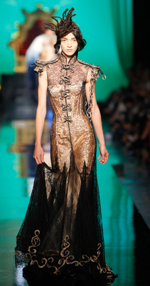 A model presents a creation by French designer Jean-Paul Gaultier as part of his Autumn/Winter 2007-2008 Haute Couture fashion collection in Paris, July 4, 2007.