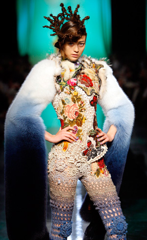 A model presents a creation by French designer Jean-Paul Gaultier as part of his Autumn/Winter 2007-2008 Haute Couture fashion collection in Paris, July 4, 2007.