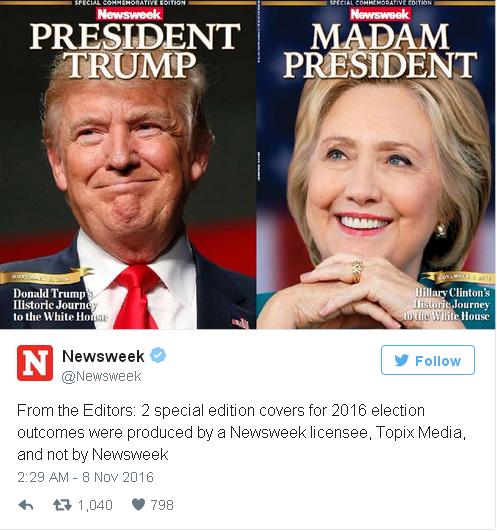 美媒大選預(yù)測出錯 尷尬召回十萬《女總統(tǒng)》特刊