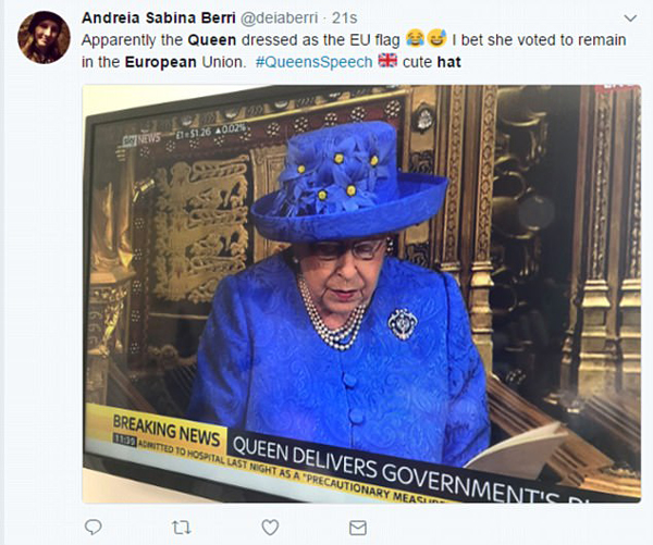 國會(huì)開幕大典上女王戴“歐盟旗幟”帽子，英國網(wǎng)友坐不住了