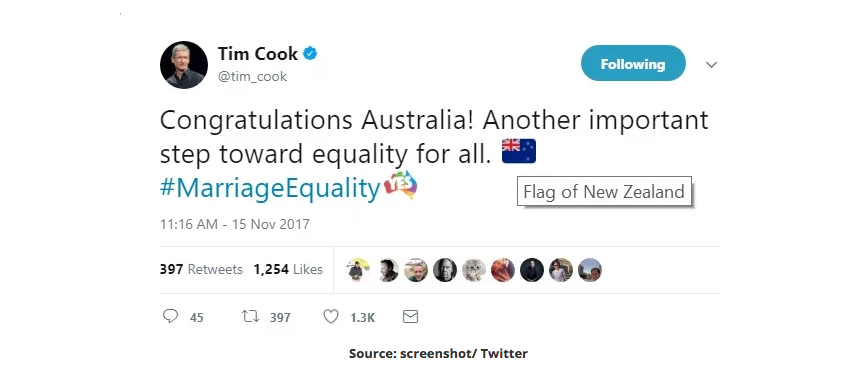 尷尬了！庫克祝賀澳大利亞同性婚姻公投 卻錯用新西蘭國旗