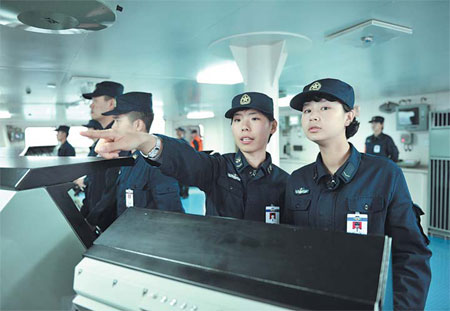 Women account for approximately 5 percent of the Liaoning's crew. Female members of <EM>Liaoning </EM>mark their mark