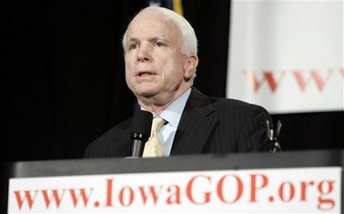 U.S. Sen. John McCain, R-Ariz., speaks during the Republican party of Iowa's Abraham Lincoln Unity Dinner, Saturday, April 14, 2007, in Des Moines, Iowa. (AP