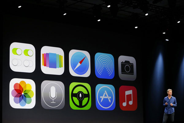 New Apple iOS 7 features are displayed on screen during Apple Worldwide Developers Conference (WWDC) 2013 in San Francisco, California June 10, 2013. Apple unveils new mobile software platform
