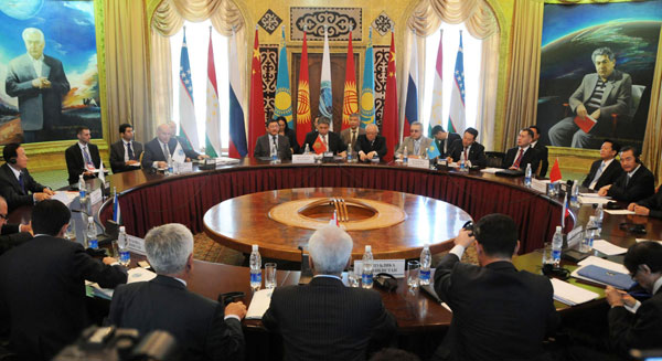 Delegates attend a meeting of the Council of Foreign Ministers of the Shanghai Cooperation Organization (SCO) in Cholpon-Ata, Kyrgyzstan, July 13, 2013. SCO FMs meet to promote cooperation