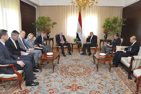 Egypt's interim Vice President Mohamed ElBaradei (3rd R) meets with U.S. Senators John McCain and Lindsey Graham (4th, and 6th L), in Cairo in this handout picture dated August 6, 2013. Egyptian govt to say mediation failed